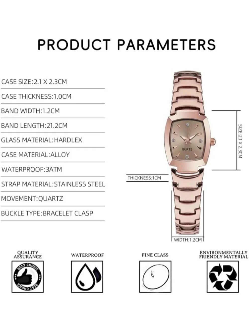 Women's Rose Gold Analog Steel Dainty Rectangle Waterproof Square Wrist Watch